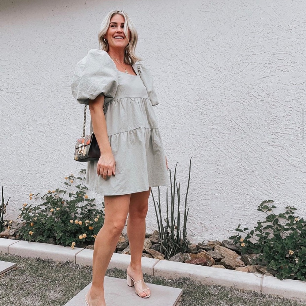 Linen Look Puff Sleeve Dress